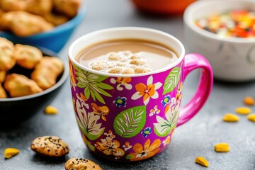 Colorful Floral Mug with Coffee and Cookies on a Table Setting