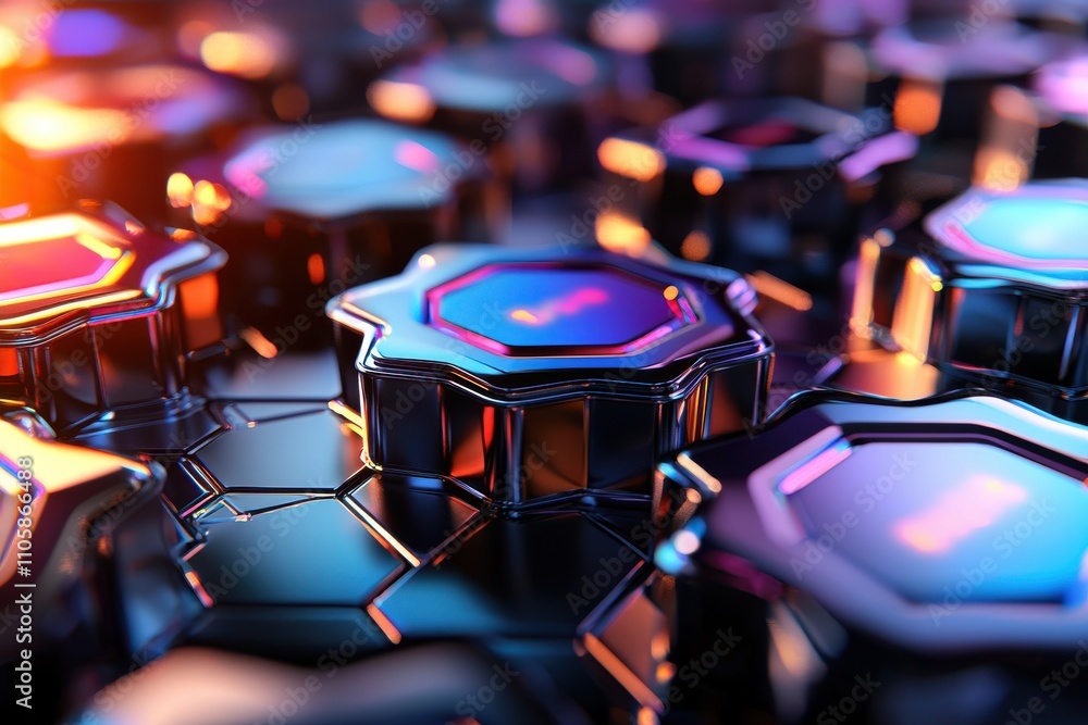Poster futuristic hexagonal metallic surface with colorful reflections