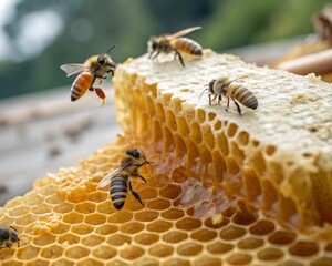 Close View of Bees on Honeycomb Cells