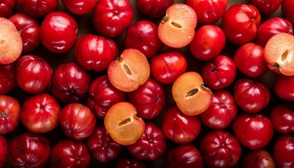 Flat Lay Top View of Bright Ripe Fragrant Red Acerola Fruit as Background