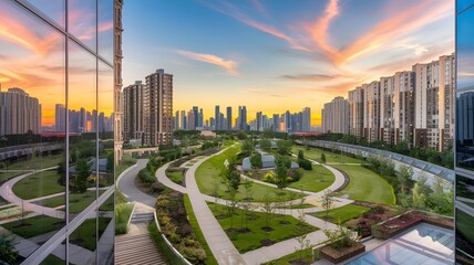 A vibrant city scene featuring a lush park with a large building towering in the background