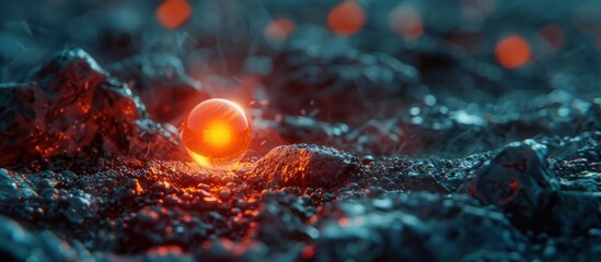 Fototapeta premium Molten lava rushing through a rugged rocky volcanic landscape during a dramatic eruption creating a fiery glowing display of the powerful forces of nature beneath the earth s surface