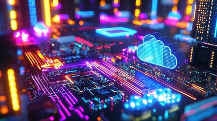 Obraz premium Futuristic Circuit Board Abstract with Neon Lights and Cloud Design