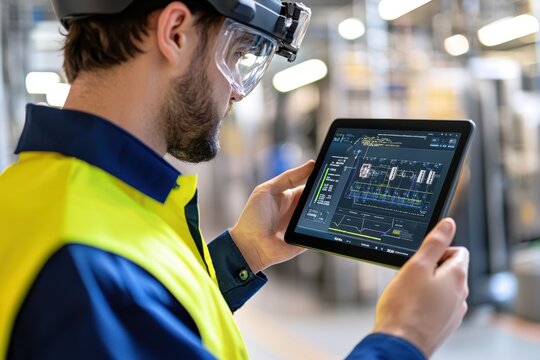 Worker Using Tablet for Industrial Monitoring in Modern Factory - Powered by Adobe