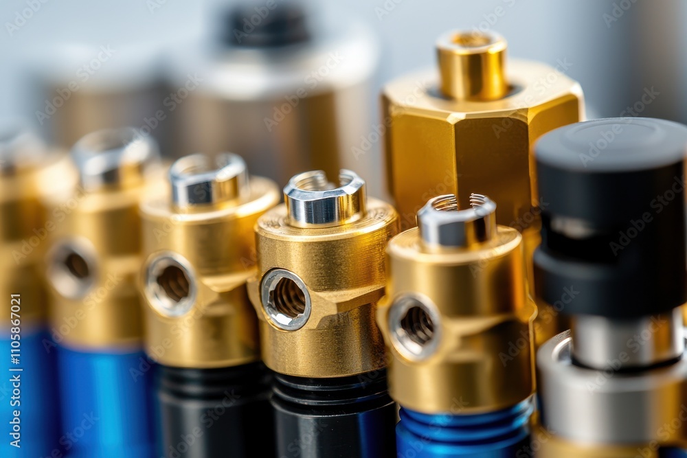 Poster close-up of precision engineered mechanical components and tools