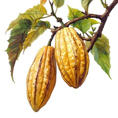 Watercolor Painting of Two Cacao Pods on a Branch with Lush Green Leaves.