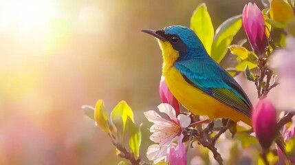 Vibrant Sunbird Perched Elegantly on Blooming Flowering Branch During Golden Hour with Soft Light Background