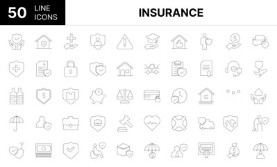 Collection of 50 insurance line icons featuring editable strokes. These outline icons depict various modes of insurance, protection, assurance, medical care, safety, icon, 