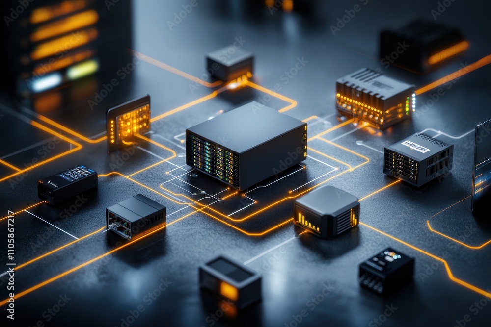 Aufkleber futuristic data server network with glowing cables and devices