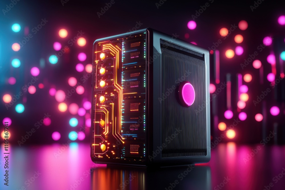 Poster futuristic computer hardware with colorful led lights and design