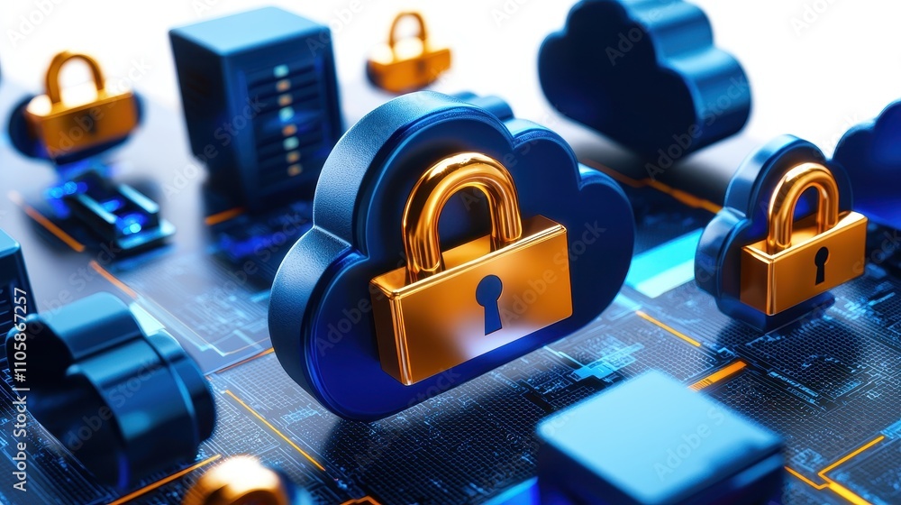 Poster digital cloud security concept with lock and technology elements