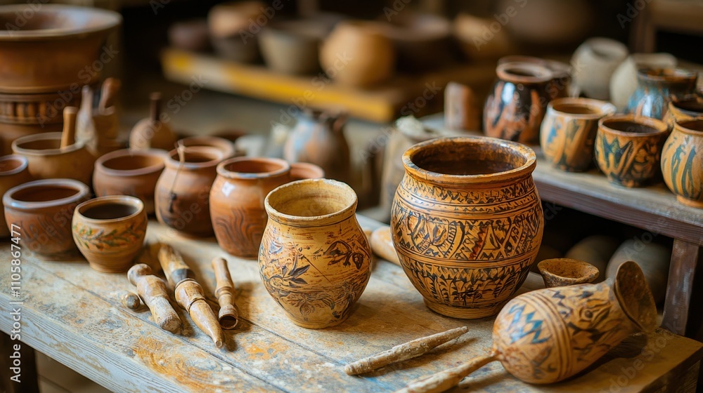 Poster traditional pottery workshop featuring tools and techniques for creating unique ceramics