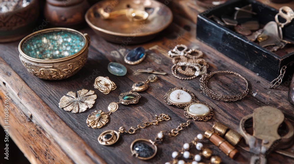 Poster vintage tools and authentic handcrafted items displayed on rustic wooden workshop table