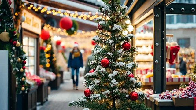 Decorated Christmas tree outdoors in snow in a market during daytime, backwards camera slider dolly shot