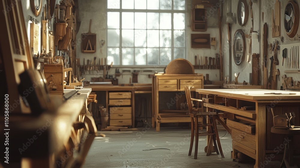 Poster workshop filled with precision tools for crafting and woodworking projects