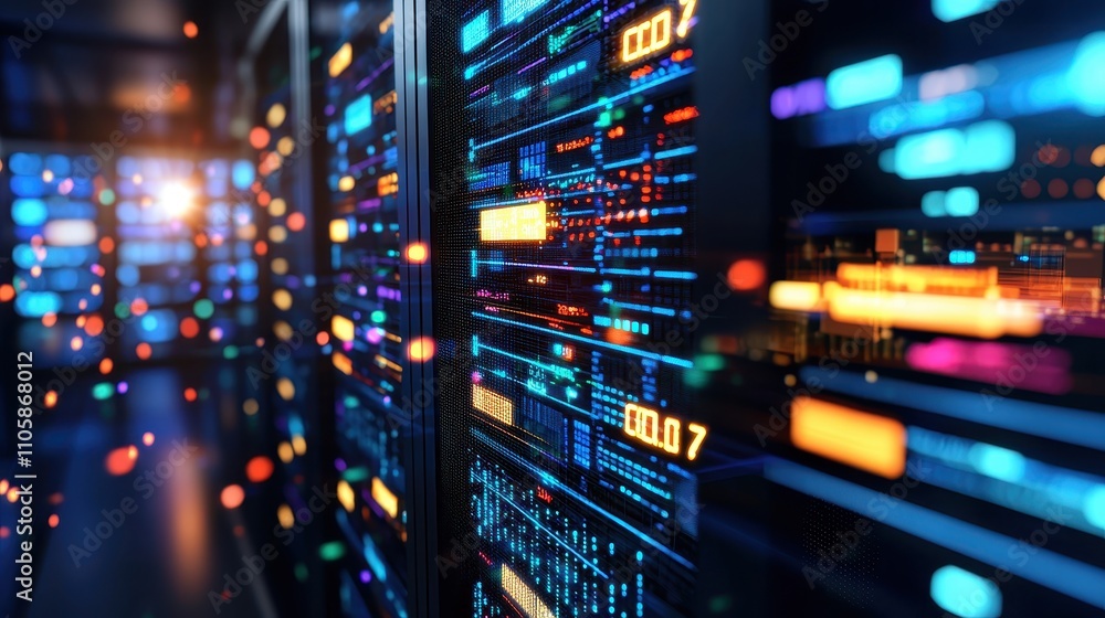 Poster futuristic data center with bright led displays and server racks