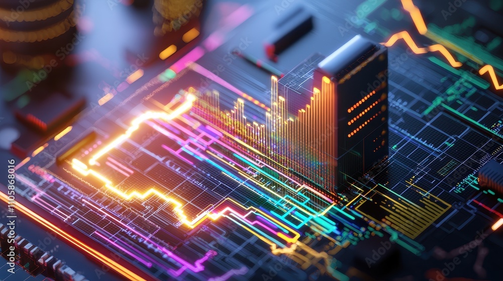 Poster colorful digital data visualization with circuit board background