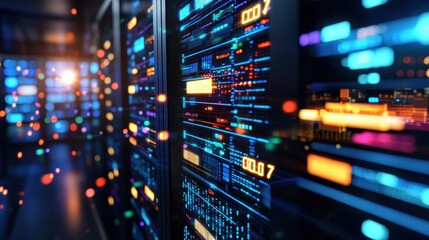 Fototapeta premium Futuristic Data Center with Bright LED Displays and Server Racks