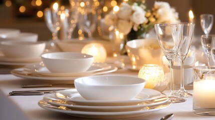A close-up of a dining table set for a dinner party, with a selection of gourmet dishes, candles, and fresh flowers as decor 