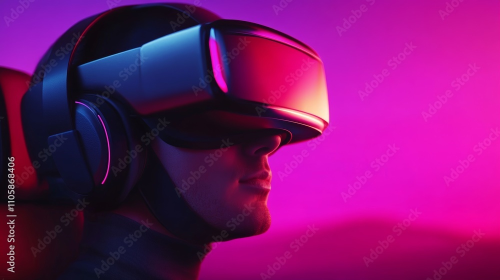 Poster virtual reality experience engages user in immersive digital environment at twilight