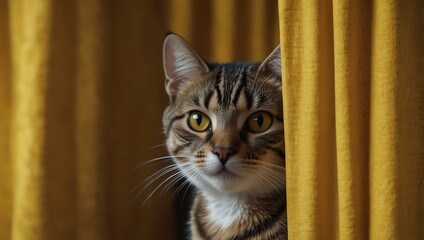 Curious cat peeking from yellow curtains.