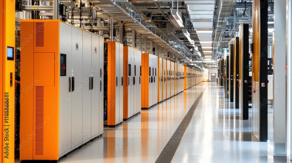 Poster modern data center interior with rows of high-performance servers
