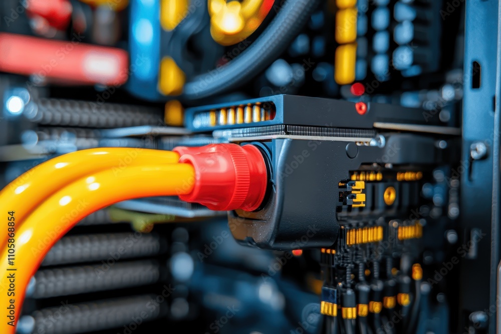 Poster close-up of computer hardware components with colorful cables