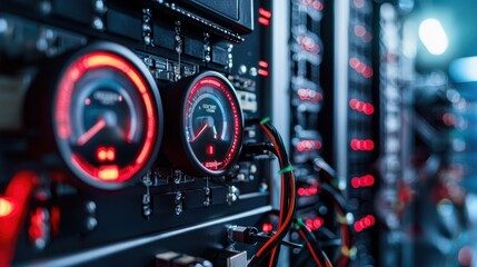 High-Tech Data Center with Digital Gauges and Colorful Cables