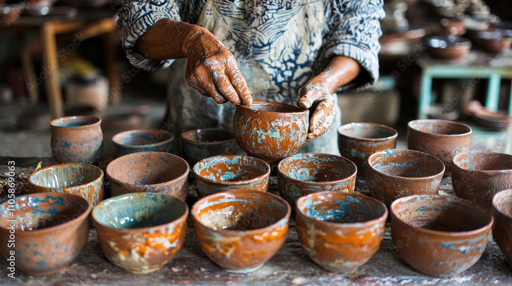 Poster artisan craftsman creating pottery by hand using traditional techniques in workshop