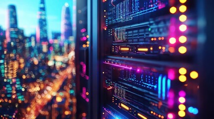 Fototapeta premium Neon Data Center with City Skyline at Night