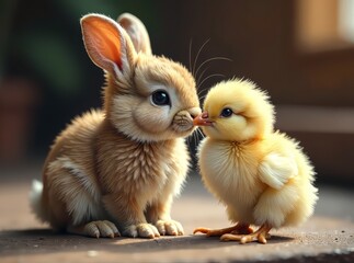 Adorable Bunny and Chick Kissing, Best Friends, Cute Animal Portrait
