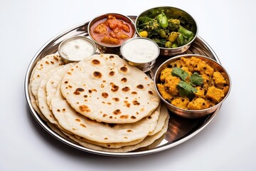 Colorful Indian Cuisine Platter with Roti and Various Dishes