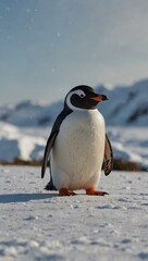 Obraz premium Curious penguin in a snowy landscape with a playful expression.