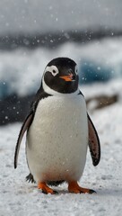 Obraz premium Curious penguin in a snowy landscape with a playful expression.