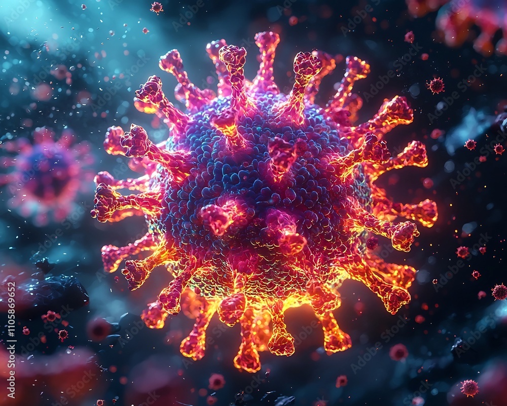 Poster neon virus floating in digital space with orbiting particles