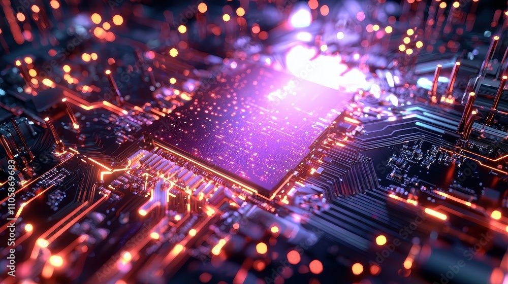 Poster abstract close-up of computer circuit board with glowing lights