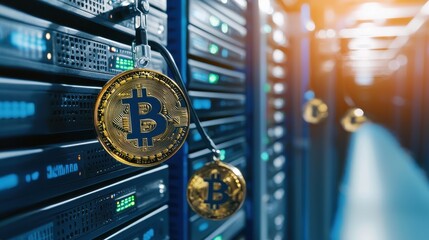 Bitcoin Coin Hangs from Cable in Modern Data Center Environment