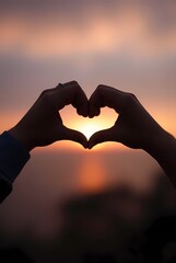 A photo sign created by human hands against a blurred sunset sky
