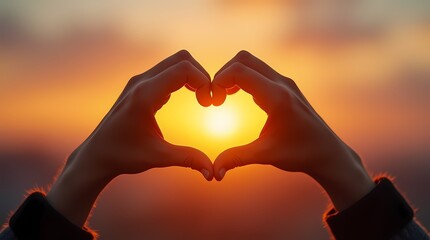 Fototapeta premium A photo sign created by human hands against a blurred sunset sky