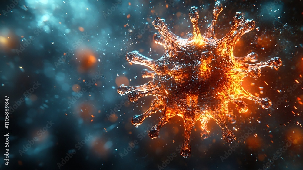Poster glowing crystal like virus particle floating in digital void light refracting through spiked surface
