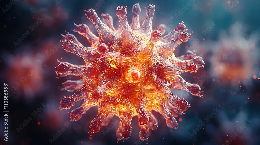 Poster glowing crystal like virus particle floating in digital void with light refracting through spiked su