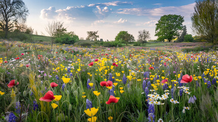 Obraz premium Vibrant spring flower meadow with blooming wildflowers in red, pink, purple, and white, including poppies, tulips, and daisies, set against green hills, scattered trees, and a clear sky