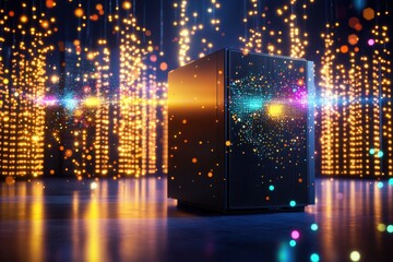 Illuminated Computer Server Surrounded by Abstract Light Patterns