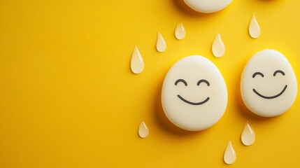 Fototapeta premium Emotion Faces on a Bright Yellow Background with Water Drops - A Whimsical and Joyful Design