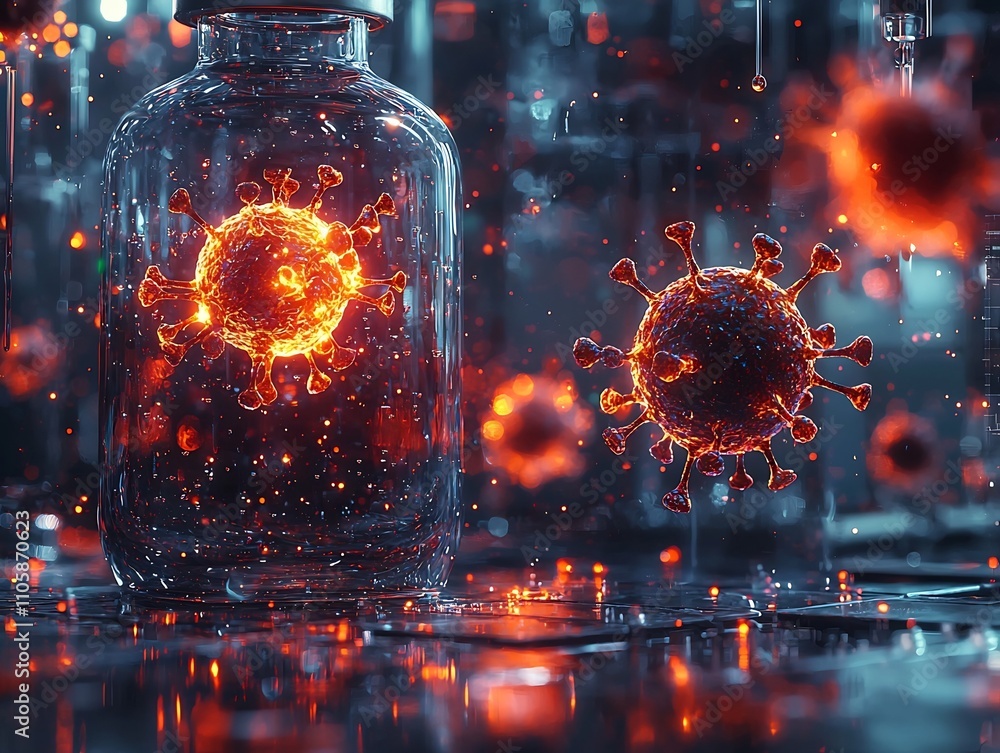 Poster futuristic vaccine development in a high tech glowing lab with holographic virus particles