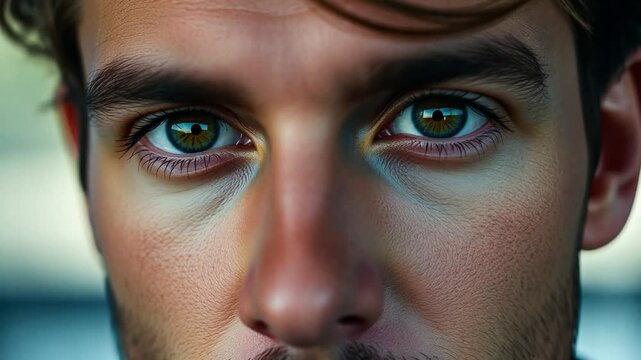 Sideways slider dolly camera movement showing closeup portrait of a young man with green eyes blinking