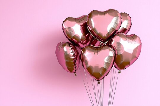 a photostock of a  Pink heart shaped helium balloons on pink background
