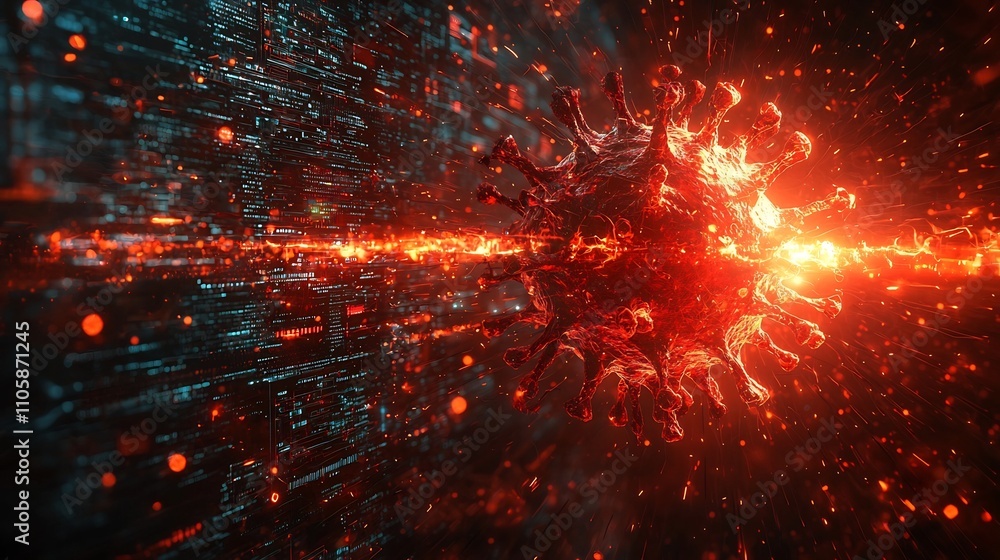 Poster glowing virus attacking digital interface with glitching and distorted data consumption