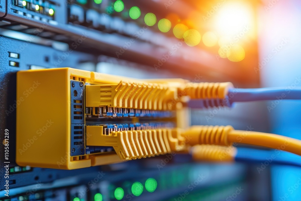 Poster Close-Up of Ethernet Cables Connected to Network Switch in Data Center