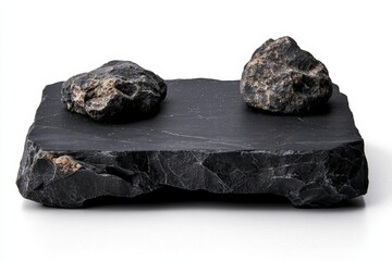 a photostock of a  Wall with stage for product display on dark background. Dark stone podium, minimalism style. , isolated on white background,  , copy space, copy space for text,